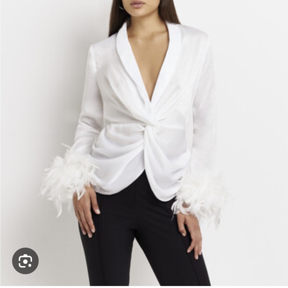 River Island White Satin V-Neck Ruched Tie Front Blouse